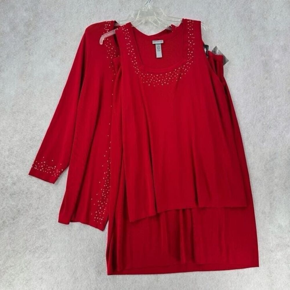 NWT Catherines 3 Piece Cardigan Dress Set 3X Slinky Sweater Top & Midi Skirt Red